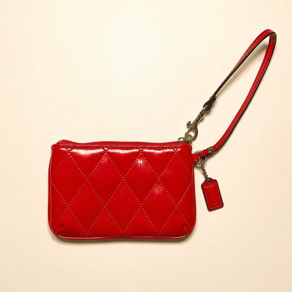 Coach Red Patent Leather Quilted Wristlet Coin Purse Wallet